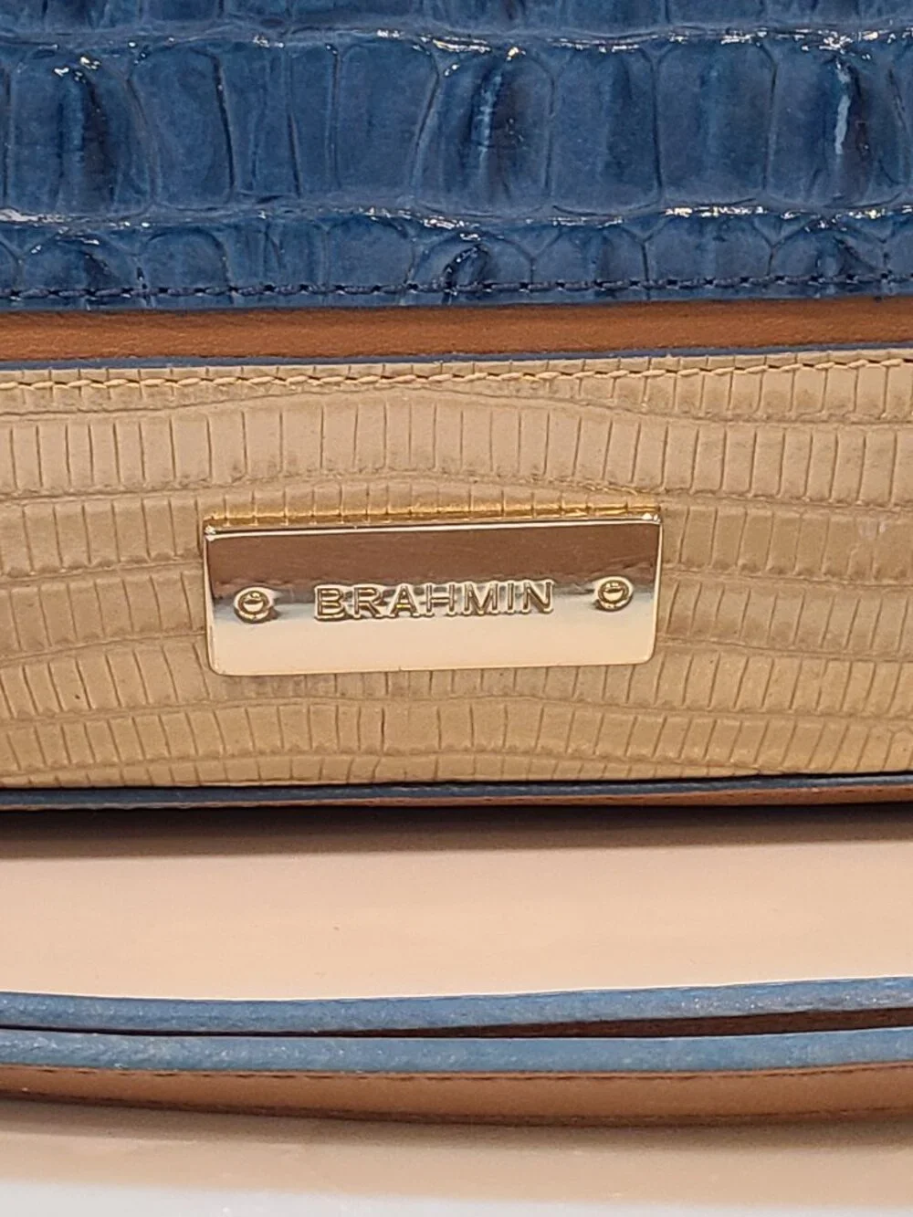 Brahmin Large Duxbury Shoulder Bag in Surf Vineyard Blue & Tan Leather EUC